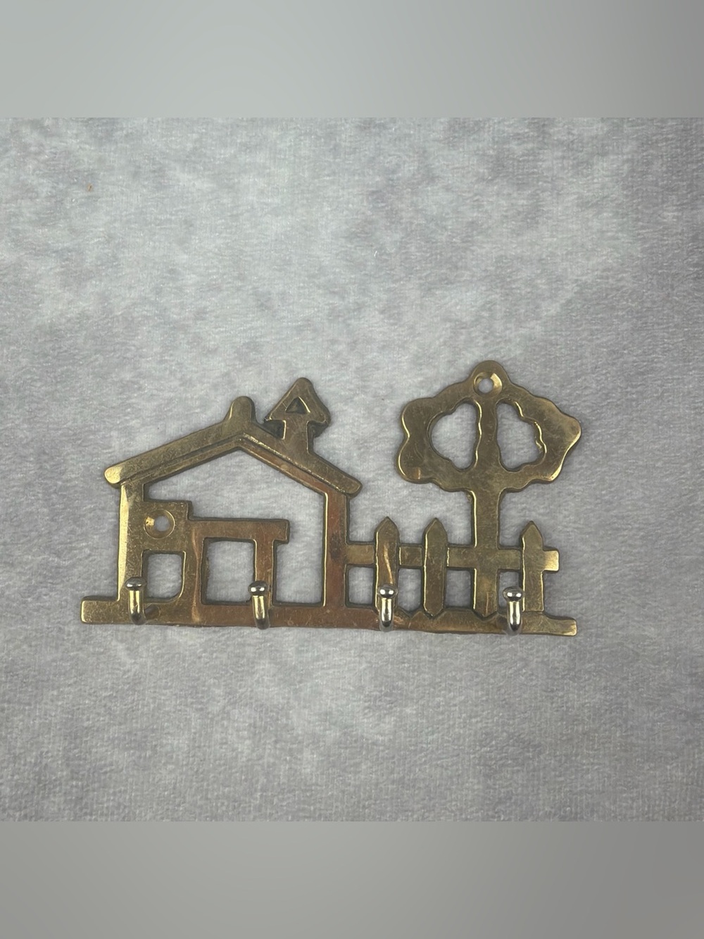 Vintage Brass Wall Key Holder House Tree Picket Fence 4 Hooks Taiwan Retro